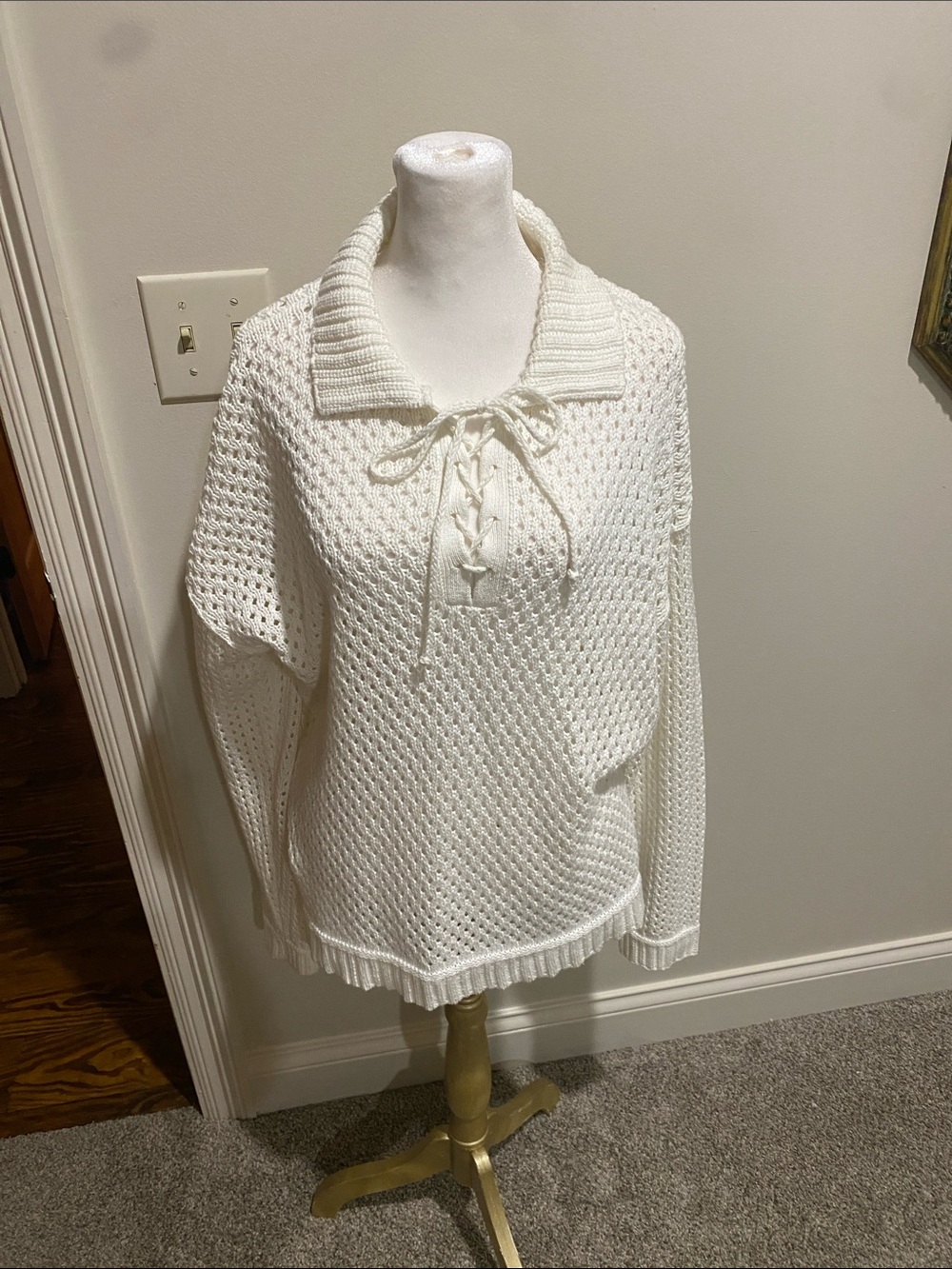 Cyrus White Lace-Up Collar Open Knit Sweater